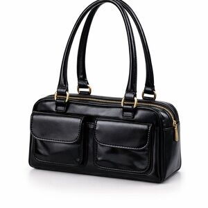 Black Shoulder Bag Gold Hardware Faux Leather Top Handle satchel purse w/Pockets